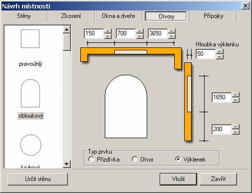 CAD Kuchyně > Kreslení místností Otvory, výklenky a výstupky Přizdívky, otvory a výklenky můžete vkládat do půdorysu, názornější je ale před otevřením dialogového okna nastavit některé izometrické