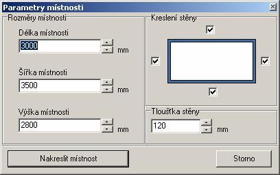 CAD Kuchyně > Kreslení místností Založení nové místnosti Postup při kreslení nové místnosti: Klepněte na tlačítko Nová místnost, otevře se okno: V rámečku Rozměry místnosti zadejte délku, šířku a