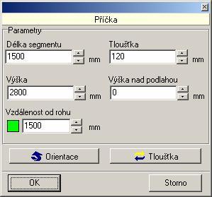 CAD Kuchyně > Kreslení místností Příčka Klepněte na ikonu. Otevře se dialogové okno: V rámečku Parametry zadejte všechny parametry příčky.