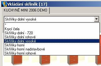 CAD Kuchyně > Kuchyňské skříňky Přesnější filtrování skříněk je možné nastavit z výsuvné nabídky v levém horním rohu dialogového okna: Zvolíte-li položku *,