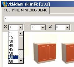 Užitečné je též filtrování podle rozměrů skříňky, které se nastavuje z výsuvných seznamů X, Y a Z: Jsou-li zvoleny položky *, zobrazují se všechny skříňky,