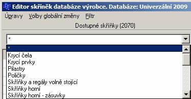 CAD Kuchyně > Editor skříněk Přehled skříněk můžete také filtrovat prostřednictvím položek z výsuvného seznamu nad