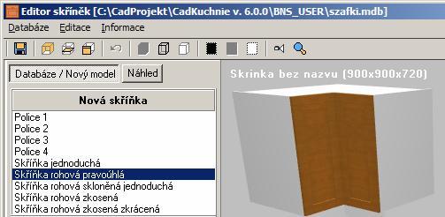 CAD Kuchyně > Editor skříněk Založení nové skříňky Skříňka se zakládá vždy zkopírováním některého vzorového modelu skříňky a následnou úpravou jeho parametrů.