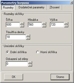 CAD Kuchyně > Editor skříněk Editace korpusu Editaci korpusu skříňky spusťte z nabídky, ikonou nebo stisknutím klávesy F2. Otevře se dialogové okno Parametry korpusu.