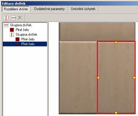 CAD Kuchyně > Editor skříněk Parametry dvířek se zadávají na kartách Rozdělení dvířek, Dodatečné parametry a Umístění úchytek - karty jsou popsány v dalším textu.