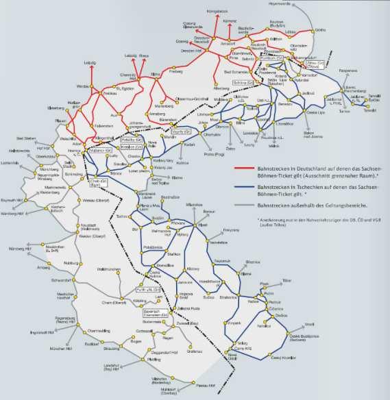 Obrázek 12: Mapa platnosti nabídek Bayern-Böhmen-Ticket a Sachsen-Böhmen- Ticket Zdroj:https://www.yumpu.