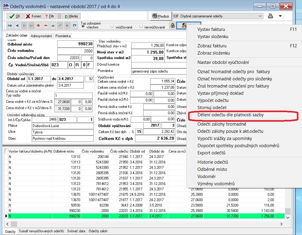 Obrázek : Odečty vodoměrů nová funkce dělení odečtů dle platnost sazby V odečtech lze dále provést dopočet odečtu vodoměrů s jeho rozdělením dle dělené fakturace, která je nastavena v nabídce odběrná