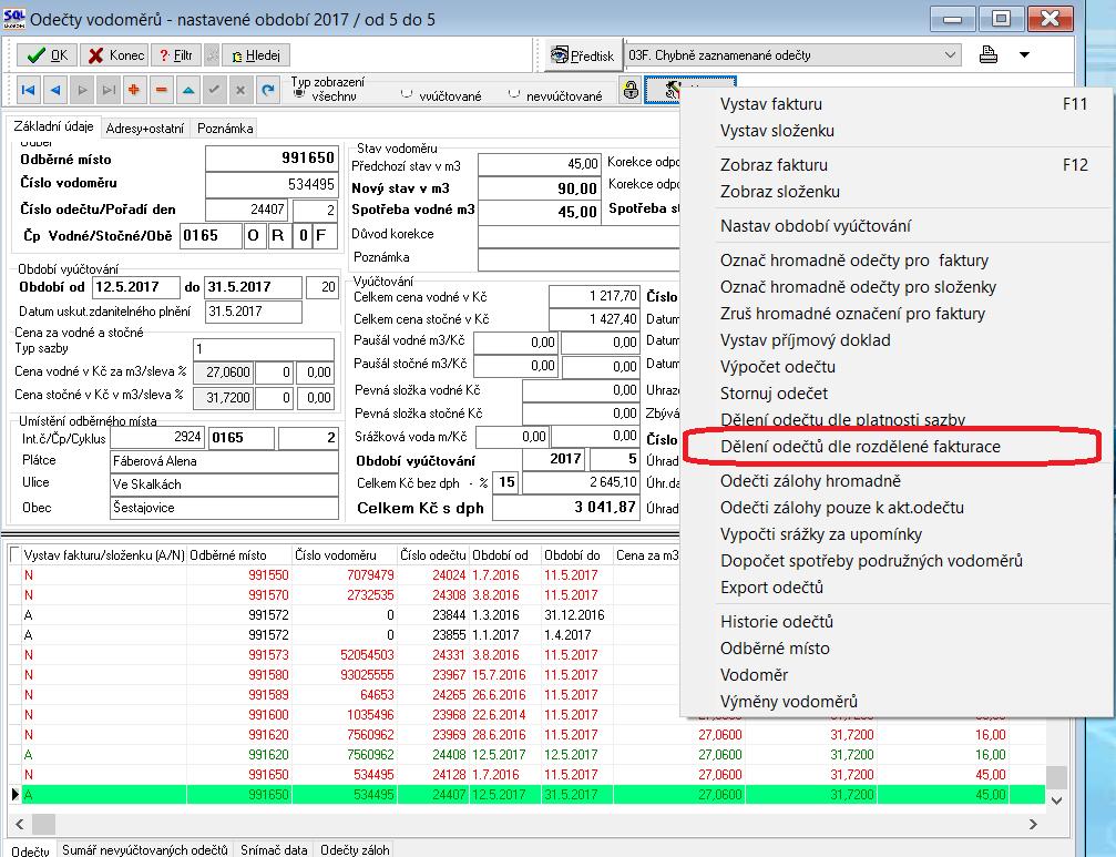 Obrázek : Odečty vodoměrů nová funkce dělení odečtů dle rozdělené fakturace Výpočet splátky platebního kalendáře V nové systému byla upravena funkcionalita výpočtu splátky platebního kalendáře.