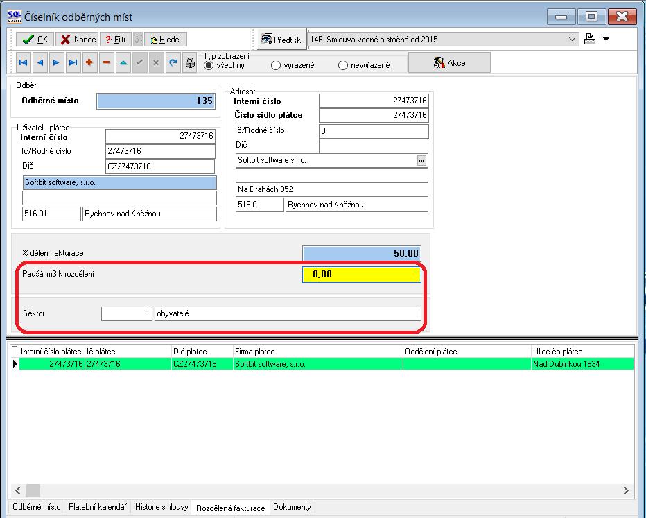 Obrázek : Odběrná místa rozdělená fakturace V nové verzi byly také některé údaje přesunuty do jiných záložek. Uvedené změny vedou k lepší přehlednosti zobrazení odběrného místa.