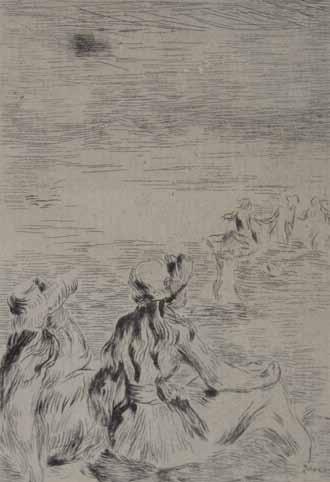 20. Pierre-Auguste Renoir (1841 1919) Sur la plage, A Berneval mědirytina, okolo 1892, 14 x 95 cm, značeno PD v dece Renoire, rám, Renoire byl často zván svým patronem Paulem Berardem do Wargemontu,