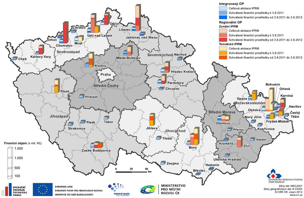 Obrázek 2 IPRM spolufinancované z ERDF v programovém období 2007 2013 na území Česka (schválené finanční prostředky vůči celkové alokaci IPRM k 3. 8.