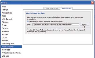 Nastavení složky médií itunes Nastavení sledovací složky V softwaru Philips Songbird nastavte sledovací složku tímto postupem: 1 V softwaru Philips Songbird přejděte do nabídky Tools (Nástroje) >
