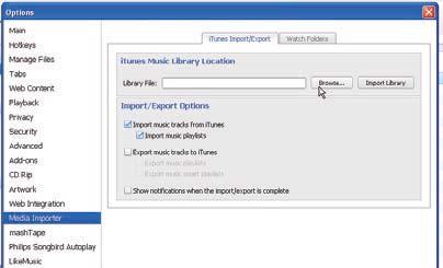 4 Klepněte na tlačítko Import Library (Knihovna pro import) vedle umístění knihovny.» Software importuje knihovnu itunes do aplikace Philips Songbird.