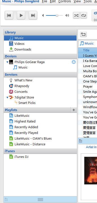 Vyhledávání v softwaru Philips Songbird Software Philips Songbird má tuto strukturu: a Podokno přehrávače: kliknutím na tlačítka můžete přehrát mediální soubory z knihovny médií softwaru Philips