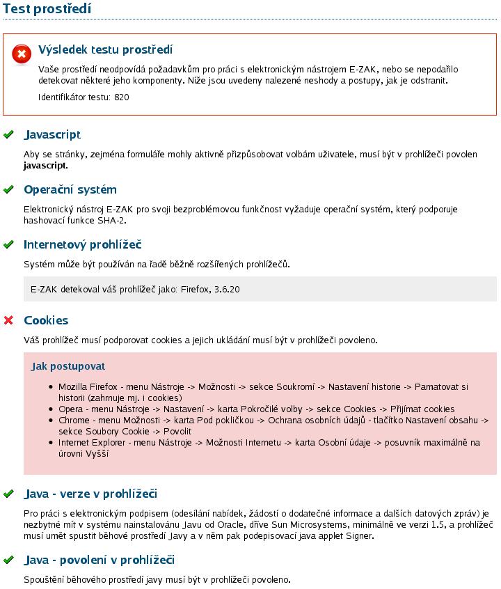 O výsledku testu budete informováni a pokud některá z testovaných komponent nesplňuje potřebné parametry, budete informováni o způsobu, jak to napravit, vizte problém s Cookies na obrázku 17.