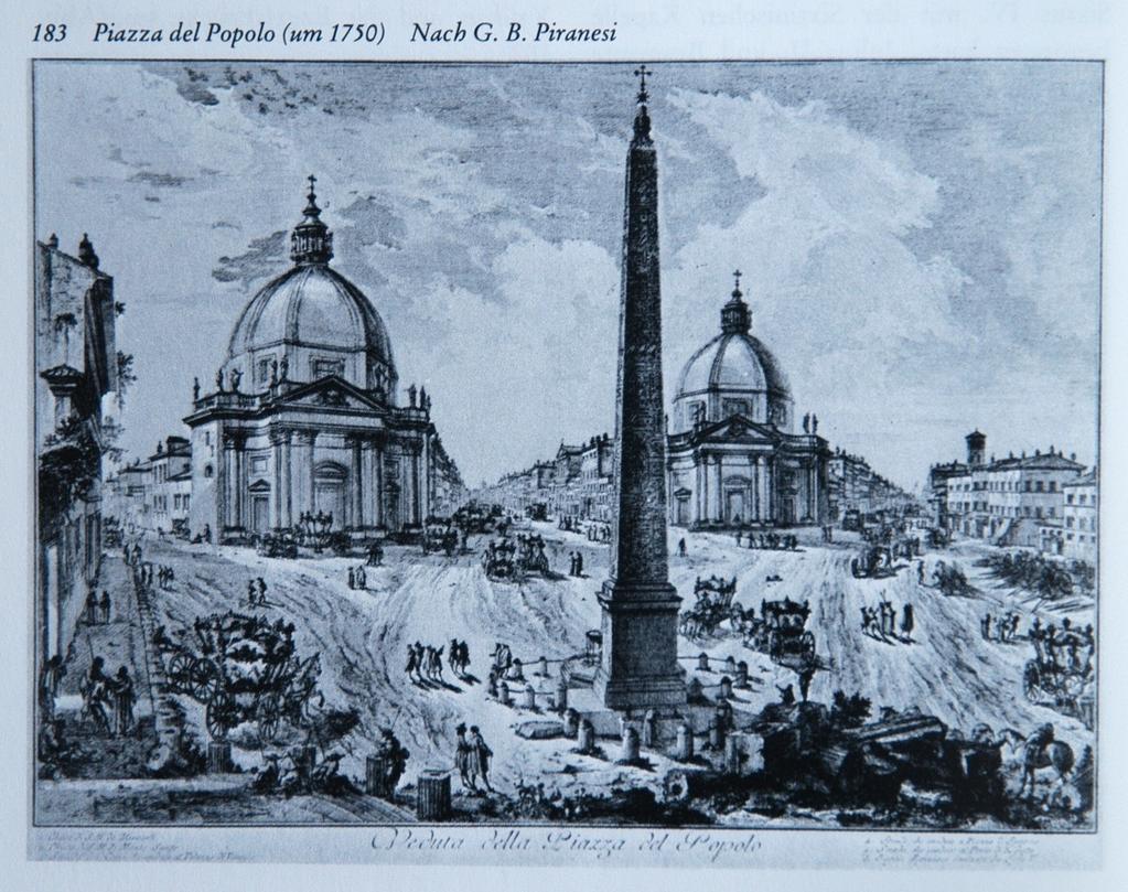 Piazza del Popolo vstup do města od severu Pozn.: Podle urbanistického plánu pořízeného Sixtem V.