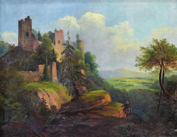 000 Kč 10) ANONYM: Krajina se zříceninou hradu a poutníkem. Olej na plátně, 53,5 x 66 cm, nesignováno, polovina 19.