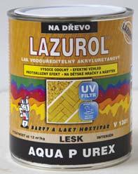 LAZUROL AQUA P UREX V 1301 LAK VODOUŘEDITELNÝ AKRYLURETANOVÝ NA DŘEVO 0000 lesklý 0001 matný 0002 polomatný 0,6 kg 5 kg 12 LAZUROL AQUA P UREX je vysoce odolný lak na dřevo s efektním vzhledem.