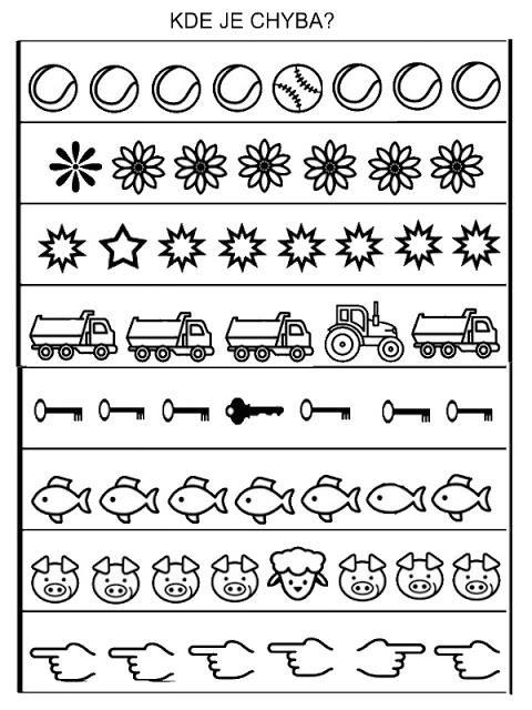 čtverce) o zkoušet vymýšlet vlastní kritéria třídění hledání rozdílů na obrázcích (najdi 5 rozdílů) Přiřazování obrázků a jeho stínu; projekce předmětů za nasvíceným prostěradlem (hádej co to je)