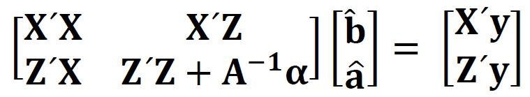 Plemenná hodnota A je matice příbuznosti b je vektor odhadovaných fixních efektů, a vektor předpovídaných