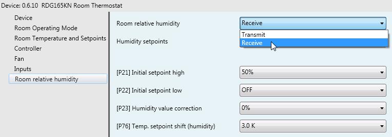 Regulační parametry pro relativní vlhkost 1. Klikněte na Room relative humidity v levém panelu a zobrazí se parametry pro vlhkost. 2. Upravte parametry podle potřeby.