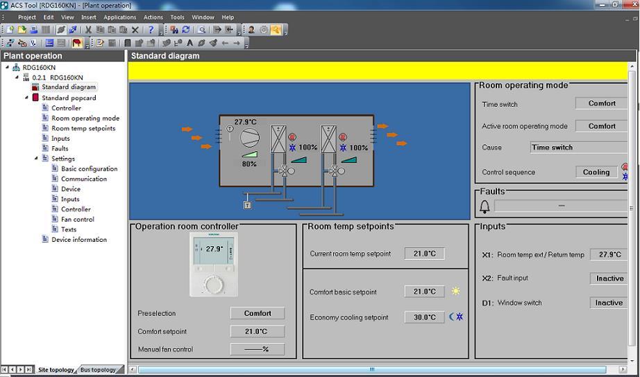 Technologické schéma v ACS ACS nabízí technologická schémata pro snadný monitoring a ovládání regulátoru. Pro spuštění aplikace vyberte Applications, potom Plant operation, Standard diagram.