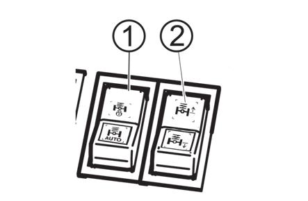 JÍZDNÍ PROVOZ Výškové nastavení přední části traktoru K výškovému nastavení přední části traktoru slouží tlačítko (2). Tlačítko (1) musí být v poloze manuální režim.