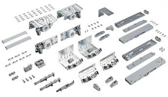 Jednotlivé součásti Sada kování pro skříň se 2 dveřmi, s tlumením Silent System Tlumení ve směru zavírání Profily, viz str.
