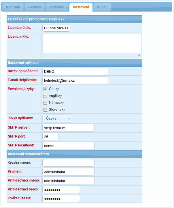 HelpDesk 9 V druhé oblasti Nastavení aplikace doplňte název společnosti, email, ze kterého budou zasílány informační emaily žadatelům, řešitelům apod.