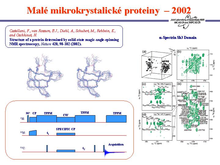A stejně jako je tomu v případě NMR roztoků a kapalin, hlavní úsilí NMR spektroskopiků se soustředilo na řešení 3D struktury proteinů, v tomto případě v mikrokrystalickém stavu.