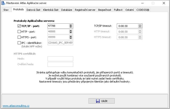 Protokoly Nastavení komunikačních portů a protokolů. Zde lze také nastavit timeouty. Pokud změníte nastavení portů, je nutné toto změnit i na všech klientských stanicích!