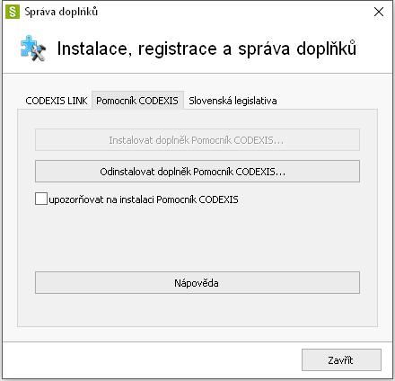 1 Instalace doplňků Pokud chceme nainstalovat doplněk CODEXIS Link nebo Pomocník CODEXIS, spustíme správce doplňku z nástrojového panelu - karta Nástroje - tlačítko Správa doplňků.