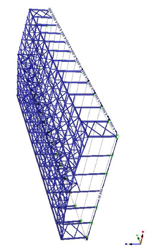 3. STATICKÉ ŘEŠENÍ Konstrukce o půdorysných rozměrech 36,0 x 72,0 m je vymodelována jako prostorová prutová soustava ve studentské verzi programu RSTAB 8.01.