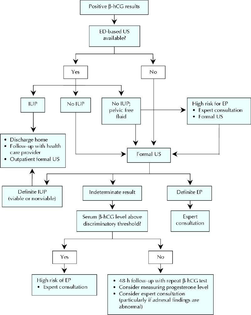 Doporučený diagnostický postup u pacientek s nálezem pozitivních hladin hcg a výskytem krvácení či bolestí břicha v 1.