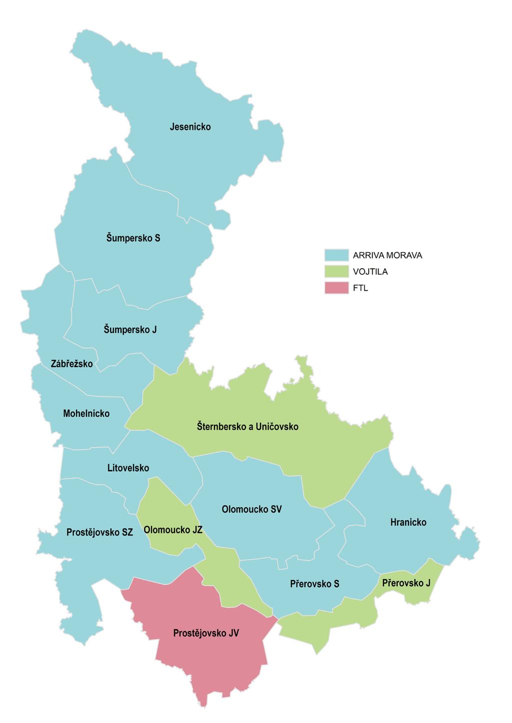 Oblasti Olomouckého kraje dle vysoutěžených dopravců Oblast Hranicko Jesenicko Litovelsko Mohelnicko Olomoucko JZ Olomoucko SV Prostějovsko SZ Prostějovsko JV Přerovsko S a Lipnicko Přerovsko J