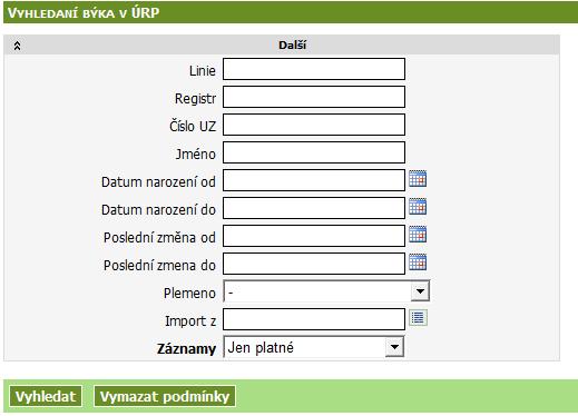 6.12. Vyhledání býka v ÚRP (ústředním registru plemeníků) Obrazovka obsahuje seznam evidovaných býků v ústředním registru