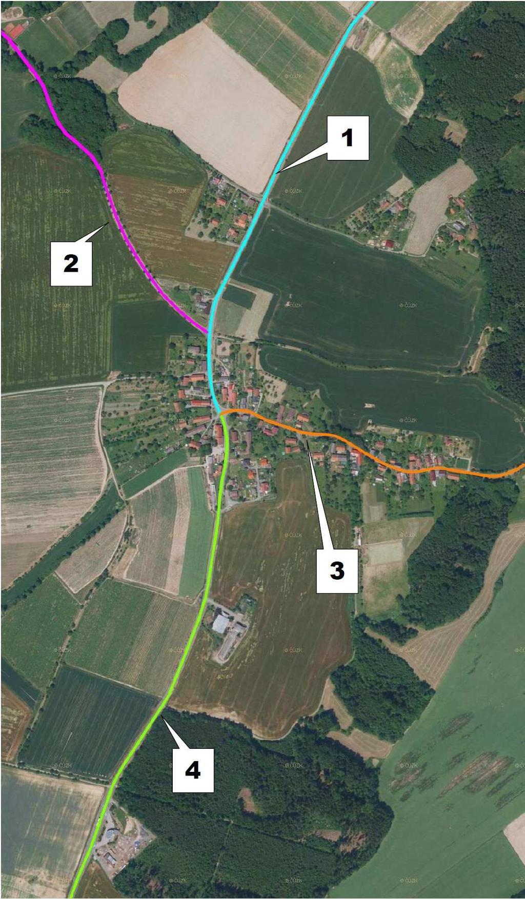 Obr. 13: Řešené úseky komunikace pro stávající stav 2017 Zdroj: www.cuzk.cz Tab.