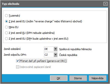 zvolíme typ obchodu 2 - Z jiné země EU (režim reverse charge nebo třístranný obchod) a další položky zadáme např. následovně: Příklad vyplnění dialogu Typu obchodu v hlavičce naší faktury.