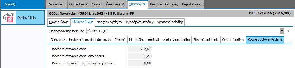 Výsledek ročního zúčtování se nám tedy promítl do únorového mzdového listu, konkrétně do záložky Souhrnný ML,vybereme definovatelný formulář Všechny údaje nebo Roční zúčtování daně a zvolíme záložku