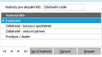 Příklad hodnot pro klíč Obchodní vztah Poté pomocí funkce Nový klíč zadáme opět do položky Hodnoty pro aktuální klíč název našeho druhého klíče Kontakt a