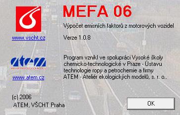 3.2.1.2 Emise z dopravy Primární emise emise výfukových plynů: Pro výpočet emisí z liniových zdrojů byl použit program MEFA 06 výpočet emisních faktorů z motorových vozidel, verze 1.0.8.