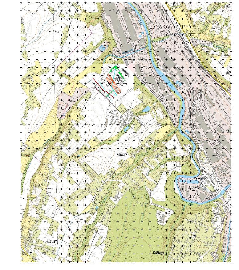 Následující obrázek uvádí detailní lokalizaci referenčních bodů v mapě zvoleného zájmového území a znázornění polohy záměru vzhledem k výše popsané a znázorněné blízké obytné zástavbě.