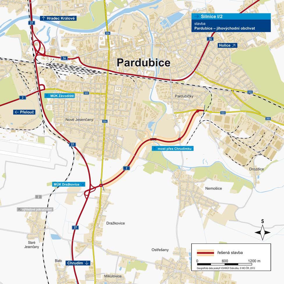 I/2 Pardubice - jihovýchodní obchvat 3 100 m kategorie: S 11,5/80 plocha vozovek: 43 000 m 2 počet stavebních objektů: 70 počet mostů: 5 celková délka mostů: 347 m Křižovatky s MK styková, kat.