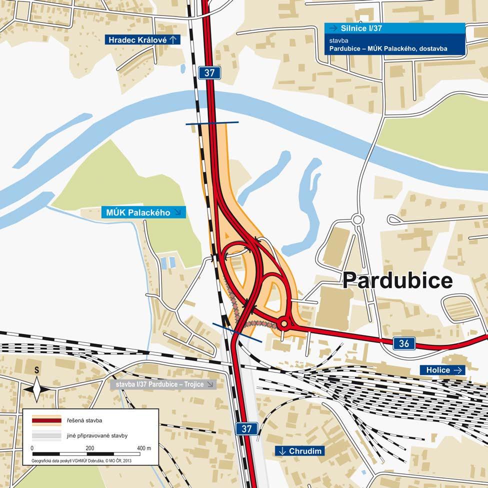 I/37 Pardubice - MÚK Palackého, dostavba 1 083 m kategorie: MS 24,5/70 délka nového jízdního pásu: 600 m plocha vozovek: 29 187 m 2 počet stavebních objektů: 33 počet celkem: 3 z toho na silnici