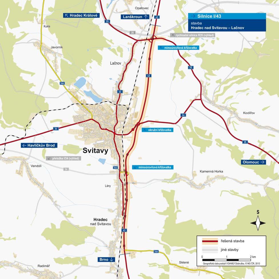 I/43 Hradec nad Svitavou - Lačnov 9 490 m kategorie: S 11,5/70 plocha vozovek: 109 780 m 2 počet stavebních objektů: 100 počet celkem: 8 celková délka mostů: 176 m počet: 2 délka větví: 1 795 m počet