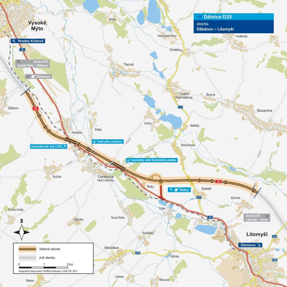 Úsek D35 Džbánov - Litomyšl 10 789 m kategorie: R 25,5/120 plocha vozovek D35: 226 339 m 2 počet stavebních objektů: 148 počet celkem: 14 z toho dálničních: 11 nadjezdy: 3 délka mostů 1 286 m Počet: