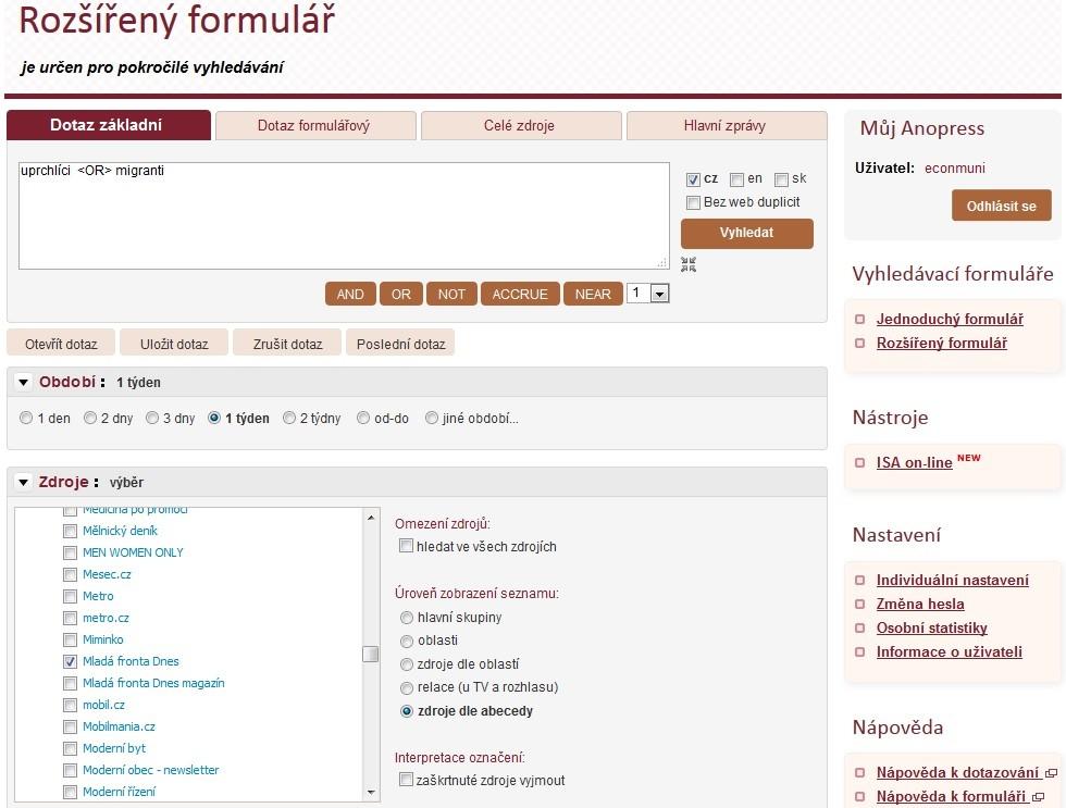 Anopress - pokročilé vyhledávání