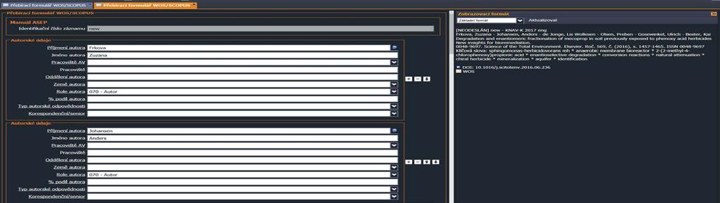 Import WOS, SCOPUS ve formulářích