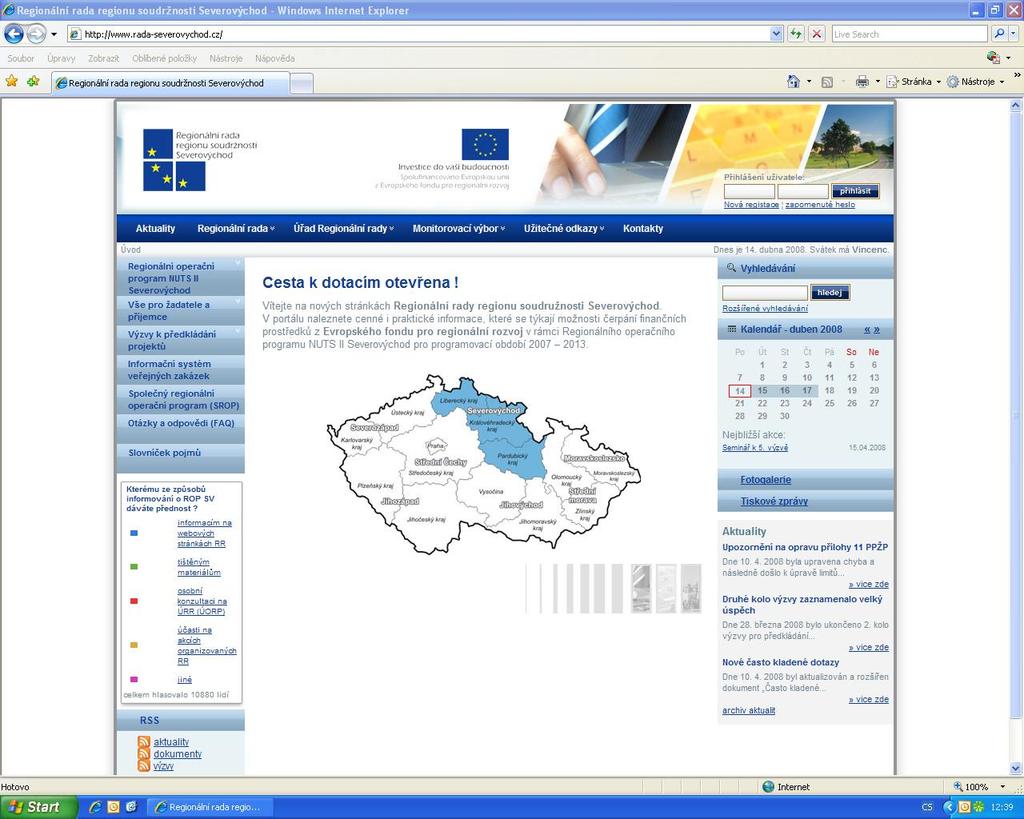 Obr. č. 5: Nové webové stránky RR 6.1.2. Jednotný vizuální styl Dne 1. října 2007 byl schválen a zveřejněn Manuál jednotného vizuálního stylu Regionálního operačního programu NUTS II Severovýchod.