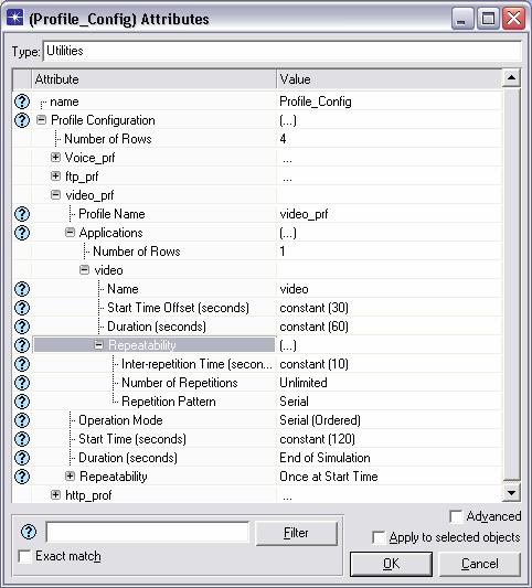 Obr. 4.3: Konfigurace služby Video a HTTP v Profile Config Applications - zde se vloží aplikace, která byla dříve vytvořena v objektu Application config pro tento případ Video služba.